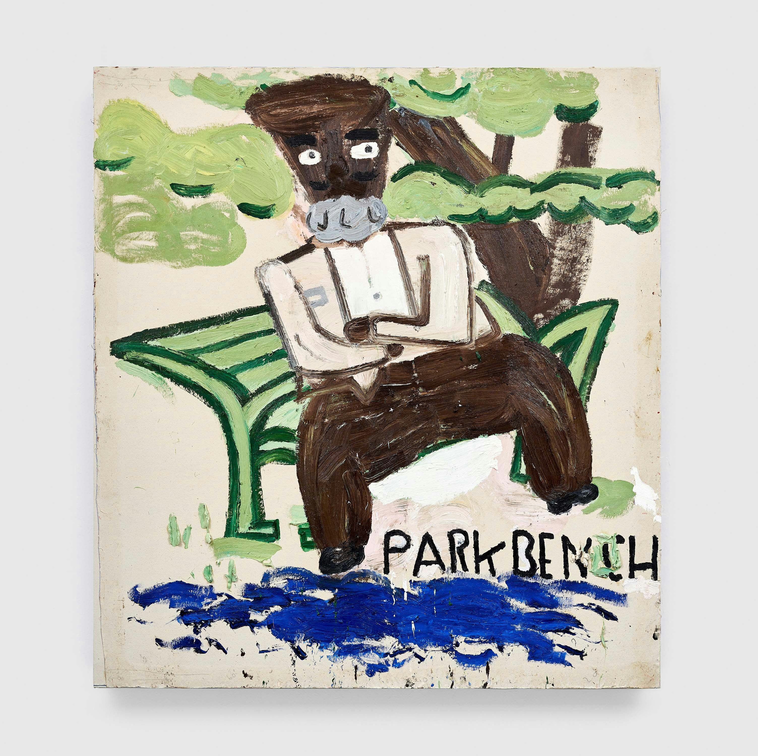 A painting by Rose Wylie, titled Park Bench, (The Migrant), dated 2017.